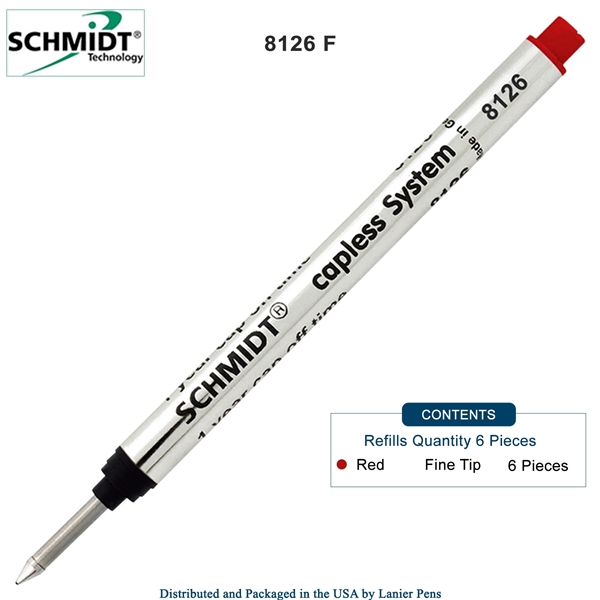 6 Pack - Schmidt 8126 Long Capless Rollerball Refill - Red Ink (Fine Tip 0.6mm) by Lanier Pens, Wood N Dreams