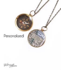 Large Working Compass Necklace with Custom Map and Personalized Quote on Chain or Key Chain