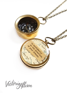 Small Map Quote Compass Necklace - Go confidently in the direction of your dreams, or Personalized Quote - Working Compass Brass or Silver