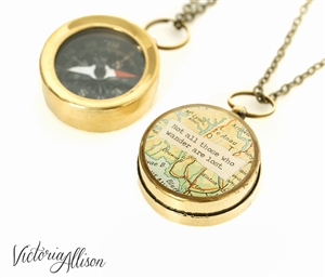 Small Map Quote Compass Necklace - Not All Those Who Wander Are Lost or Personalized Quote - Working Compass Brass or Silver