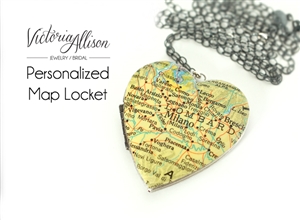 Custom Large Silver Map Heart Locket Necklace on Sterling Silver Chain
