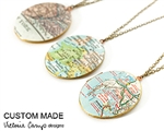 Custom Large Oval Brass Map Locket Necklace on Brass Chain