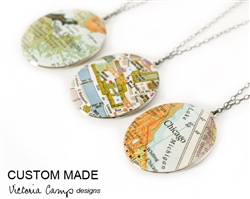 Custom Large Oval Silver Map Locket Necklace on Sterling Silver Chain