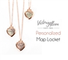 Custom Tiny Rose Gold Map Heart Locket Necklace on Rose Gold Chain