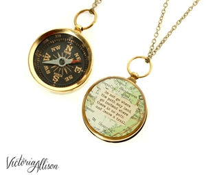 Working Compass Necklace with Vintage Map and Emerson or Personalized Quote - Do Not Go Where the Path May Lead