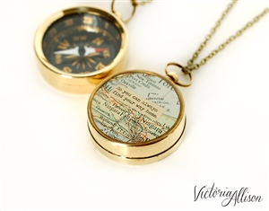 Working Compass Necklace with Vintage Map and Quote - So You Can Always Find Your Way Home