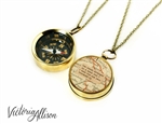 Working Compass Necklace with Vintage Map and Robert Frost Quote - The Road Not Taken