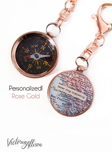 Large Rose Gold Compass, Custom Map Key Chain, Personalized Quote, Working Compass, Graduation Gift, Moving Gift, Inspirational Quote