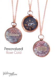 Large Rose Gold Compass Necklace, Custom Map, Personalized Quote, Working Compass, Graduation Gift, Moving Gift, Inspirational Quote