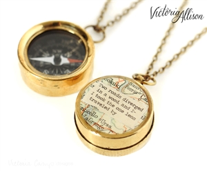 Small Working Compass Necklace with Vintage Map and Robert Frost Quote - The Road Not Taken - or Personalized Quote