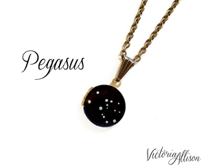 Pegasus Constellation Locket Necklace - Hand Painted Vintage Tiny Locket, Antiqued Brass Chain