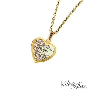 Small Boston Map Necklace on Vintage Heart Locket - Massachusetts Antique Map Jewelry