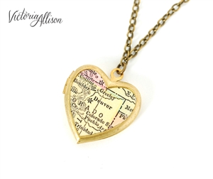 Small Denver Map Necklace on Vintage Heart Locket - Colorado Antique Map Jewelry
