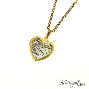 Small New York City Map Necklace on Vintage Heart Locket - New York Antique Map Jewelry