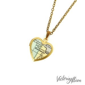Small Portland Map Necklace on Vintage Heart Locket - Oregon Antique Map Jewelry