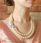 Eco Friendly Vintage Rhinestone and Ivory Pearl Double Strand Wedding Necklace