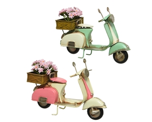 Retro Metal Scooter Ornament With Flower Box On Back- 2 Assorted- 18cm