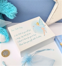 Tooth Fairy MDF Box with Organza Tooth Bag - Blue