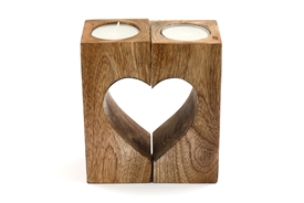 Set Of 2 Mango Wood Heart Cutout Tealight Holders 13cm