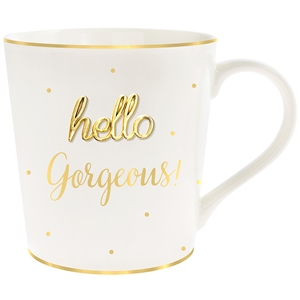  'Hello Gorgeous' White And Gold Mug With Curved Handle