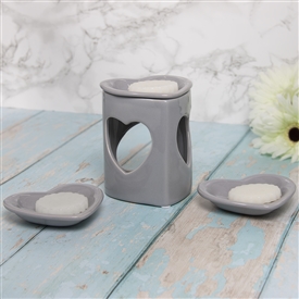 Ceramic Oil Burner / Wax Melter Heart Set - Grey 15cm