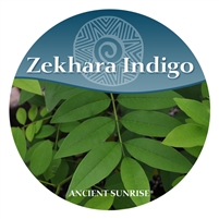 Image of indigo leaf and ancient sunrise logo with zekhara indigo title