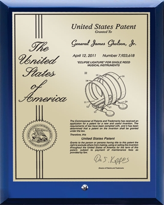 Contemporary Desktop Blue Glass Patent Plaque with Presentation Plate - 8" x 10" Gold Presentation Plate / Blue Glass Plaque