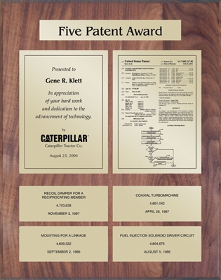 Patent Plaques Custom Wall Hanging 5-Series Patent Plaque - Gold on Walnut.