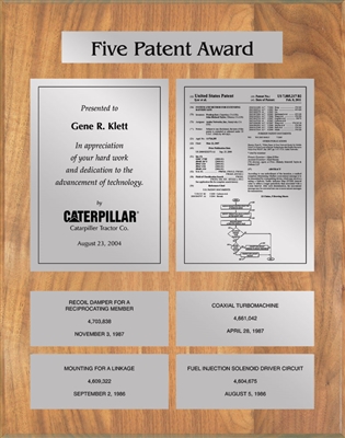 Patent Plaques Custom Wall Hanging 5-Series Patent Plaque - Silver on Oak.