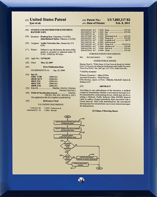 Traditional Desktop Blue Glass Patent Plaque with Presentation Plate - 8" x 10" Gold Presentation Plate / Blue Glass Plaque