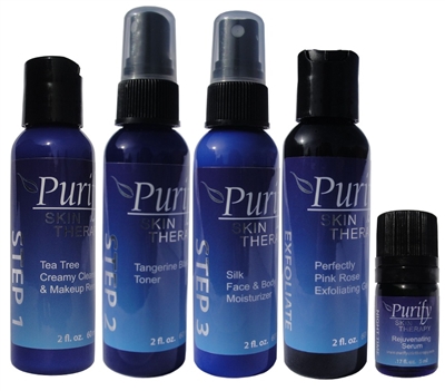 Certified Pure Organic Essential Oils | Natural Skin Care | Tea Tree Creamy Cleanser, Tangerine Blast Toner, Silk Moisturizer, Rejuvenating Serum | Purify Skin Therapy