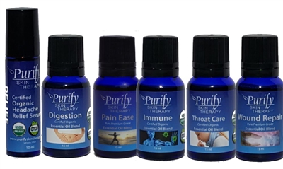 TRAVEL-PACK, includes Headache Relief Serum, Pain Ease, Digestion, Immune, Throat Care, Wound Repair essential oil blends by purify skin therapy, 100% pure, certified organic & wildcrafted essential oils