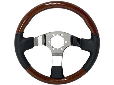 S6 Sport Mahogany Wood-Leather Chrome 6-Bolt Steering Wheel, ST3019