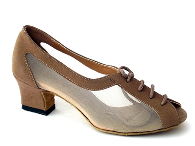 Style 1644 Brown Nubuck & Flesh Mesh Cuban Heel - Women's Dance Shoes | Blue Moon Ballroom Dance Supply