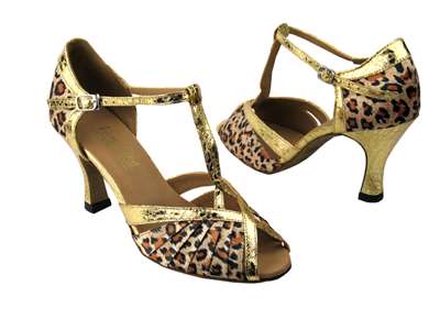 Style 2707 Leopard Satin & Ultra Gold Trim - Women's Dance Shoes | Blue Moon Ballroom Dance Supply
