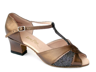 Style 6006 Copper Leather & Black Sparklenet & Thick Cuban Heel | Blue Moon Ballroom Dance Supply