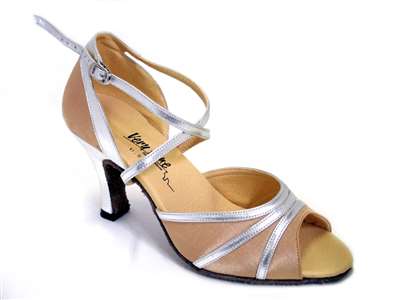 Style 6023 Light Brown Satin & Silver Trim - Women's Dance Shoes | Blue Moon Ballroom Dance Supply
