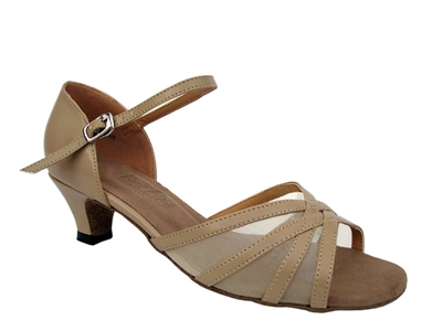 Style 6027 Tan Leather Flesh Mesh Cuban Heel - Women's Dance Shoes | Blue Moon Ballroom Dance Supply