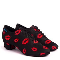 Black Lycra 1.5" Heel Split-Sole Women's Practice Shoe - Red Lipstick Design | Blue Moon Ballroom Dance Supply Black Lycra 1.5" Heel Split-Sole Women's Practice Shoe - Red Lipstick Design | Blue Moon Ballroom Dance Supply