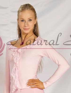 Style NS T21 Lt Pink Ruffle Front LS Top - Quality Dancewear | Blue Moon Ballroom Dance Supply