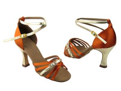 Style S92327 Orange Tan Satin & Gold Trim - Ladies Dance Shoes | Blue Moon Ballroom Dance Supply