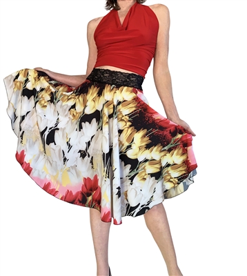 Style Red Tulip Print  Charmeuse Circle Tango Skirt - Dancewear | Blue Moon Ballroom Dance Supply