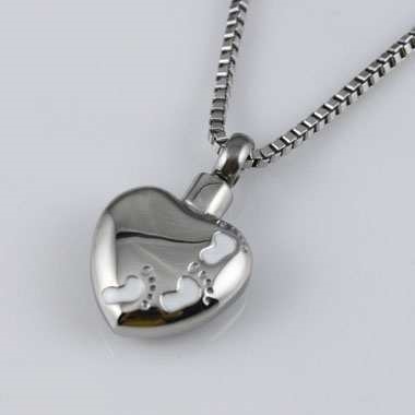 White Footprints On Silver Heart Cremation Jewelry Pendant (Chain Sold Separately)