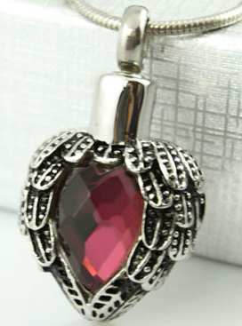 Angel Wings Wrapped Around Wine Colored Stone Cremation Pendant (Chain Sold Separately)