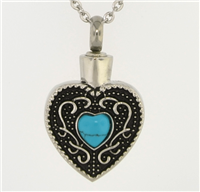 Blue Center Heart Cremation Pendant (Chain Sold Separately)
