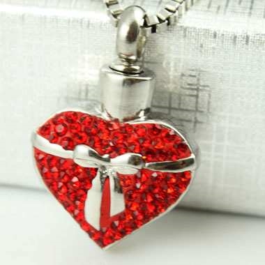 Ribbon Around Sparkling Red Heart Cremation Pendant (Chain Sold Separately)