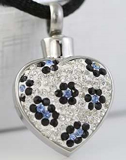 Sparkling White Heart With Blue Flowers Cremation Pendant (Chain Sold Separately)