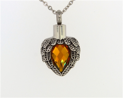 Angel Wings Wrapped Around Citrine Colored Stone Cremation Pendant (Chain Sold Separately)