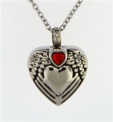 Small Red Heart On Angel Wings Around Heart Cremation Pendant (Chain Sold Separately)