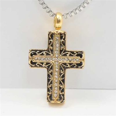 Black And Gold Cross Cremation Jewelry Pendant (Chain Sold Separately)